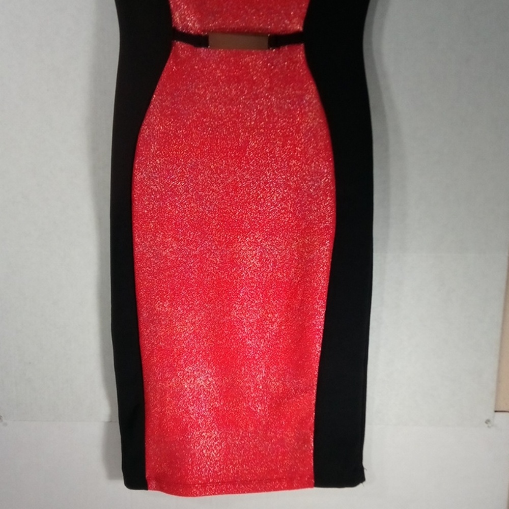 Womens Coral and Black Midi Dress - Picture 2 of 7